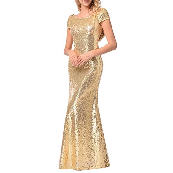 Mermaid Dripping Gold Low Back Sequins Formal Gown - Picture 4 of 5